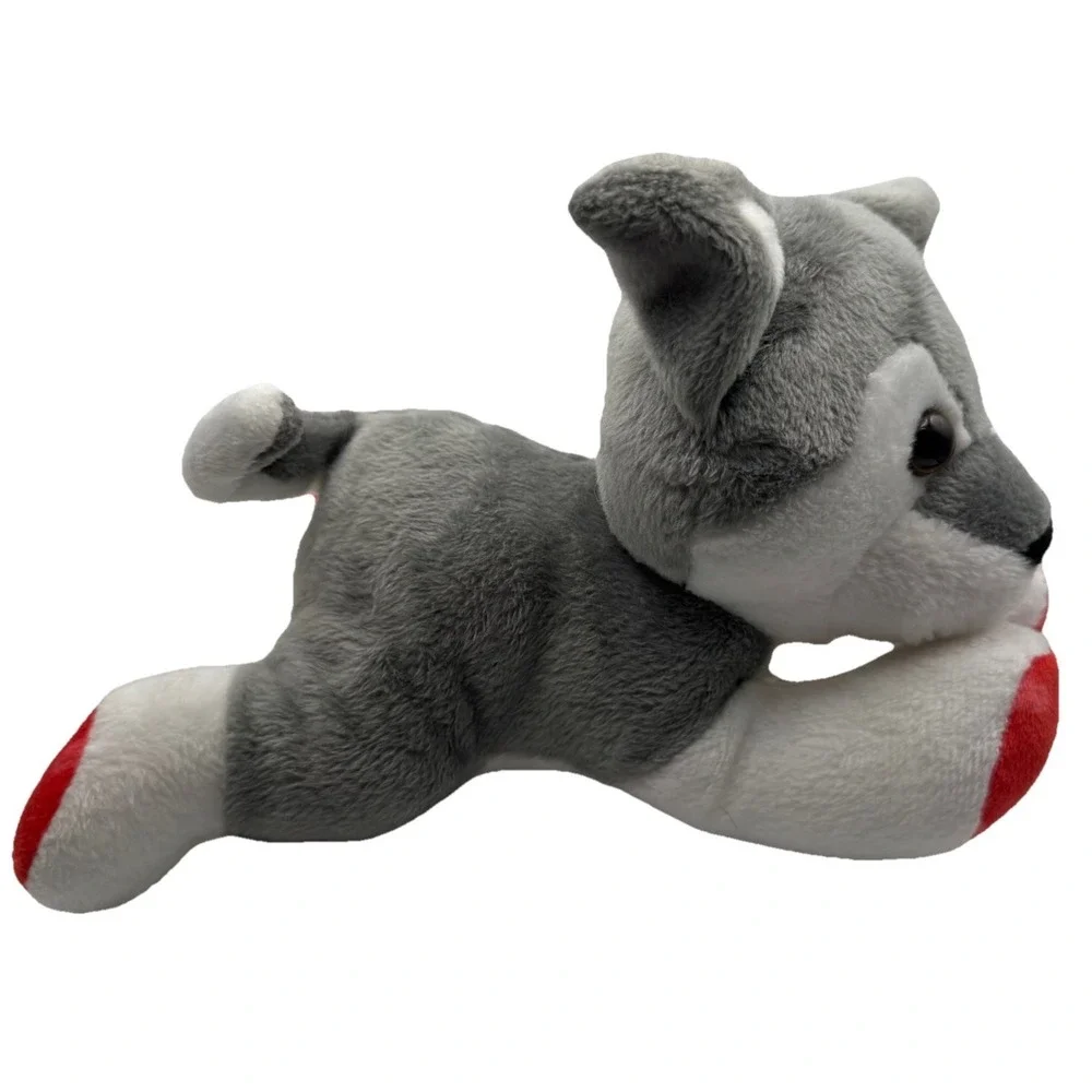 Gray Husky Dog Plush Stuffed Animal Red Heart Paws 8